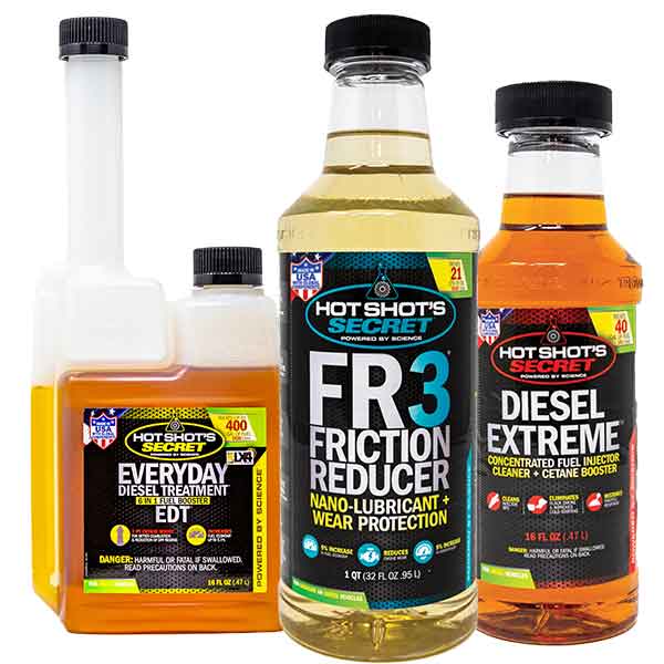 16-ounce twin-neck bottle of EDT, 32-ounce bottle of FR3, 16-ounce bottle of Diesel Extreme
