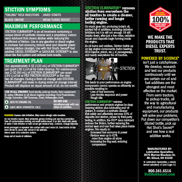 Stiction Eliminator Product Back Label