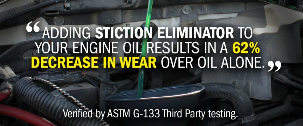 o Adding Stiction Eliminator to your engine oil results in a 62% decrease in wear over oil alone.